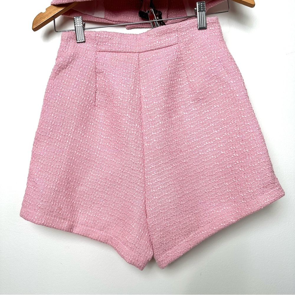 Baby Pink Cropped Tweed Short Sleeve Double Breasted High Rise Shorts Co-Ord Set - Picture 11 of 12